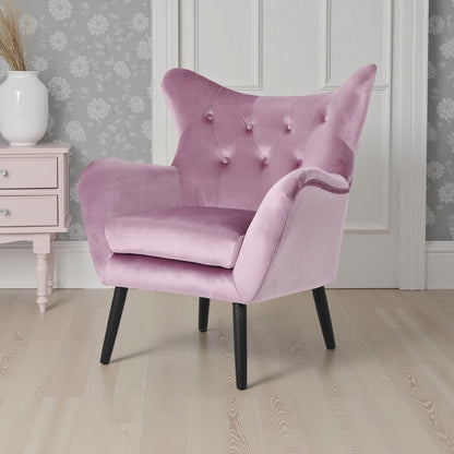 Zorro Accent Armchair, Black Angled Wood Legs, Pink Tufted Velvet