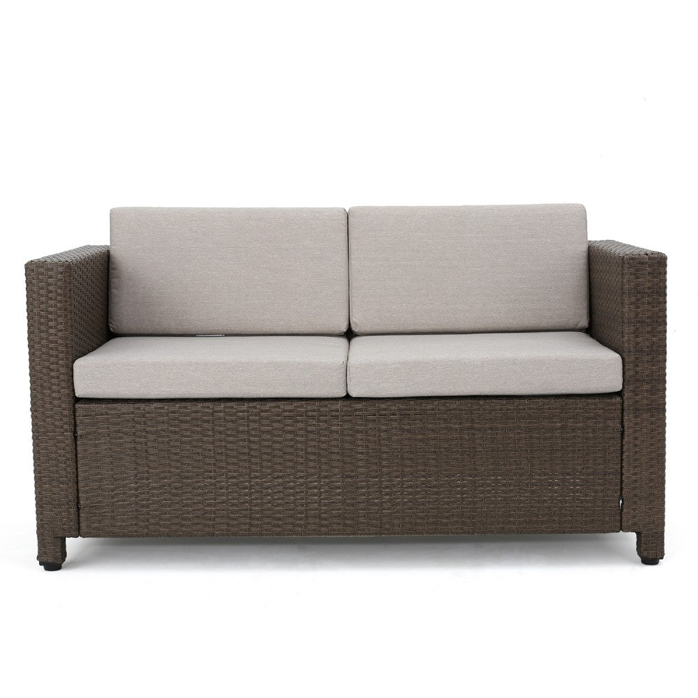 Perie Outdoor Loveseat, Modern Brown Faux Rattan, Gray Polyester