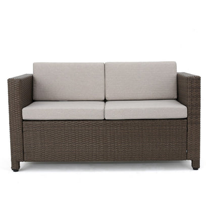 Perie Outdoor Loveseat, Modern Brown Faux Rattan, Gray Polyester