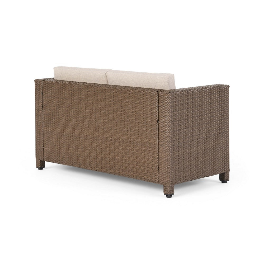 Perie Outdoor Loveseat, Modern Brown Faux Rattan, Gray Polyester
