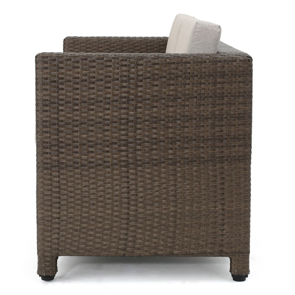 Perie Outdoor Loveseat, Modern Brown Faux Rattan, Gray Polyester