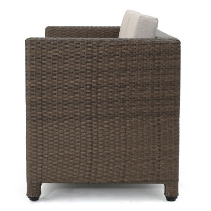 Perie Outdoor Loveseat, Modern Brown Faux Rattan, Gray Polyester