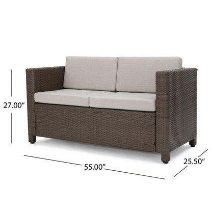 Perie Outdoor Loveseat, Modern Brown Faux Rattan, Gray Polyester