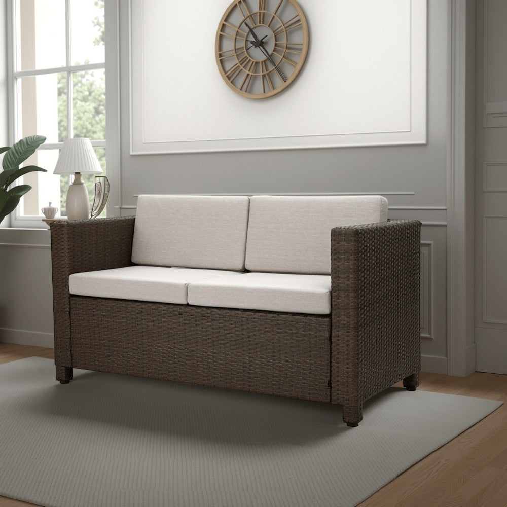 Perie Outdoor Loveseat, Modern Brown Faux Rattan, Gray Polyester