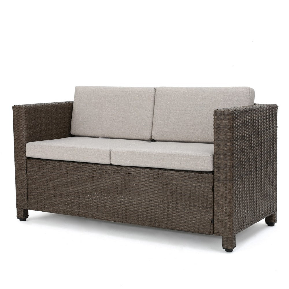 Perie Outdoor Loveseat, Modern Brown Faux Rattan, Gray Polyester