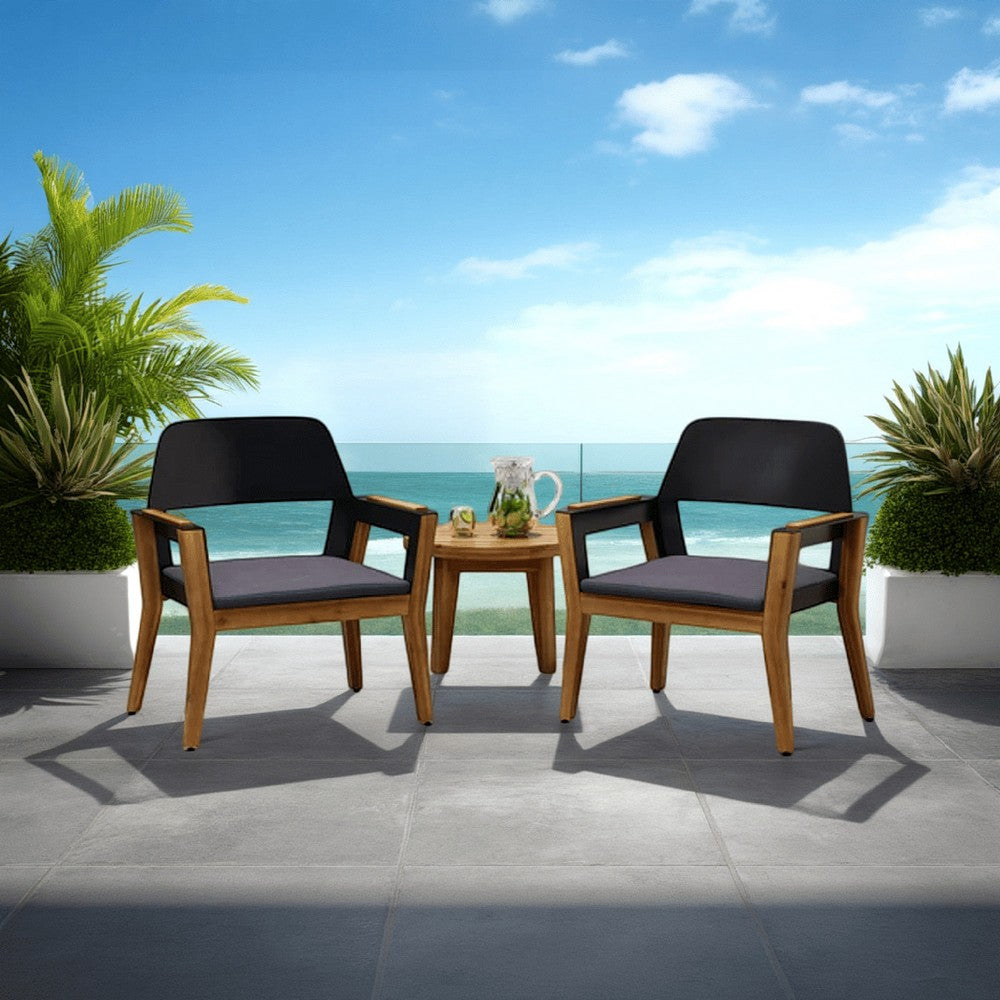 Soyan Outdoor Club Chair Set of 2, Teak Brown Acacia Wood, Blue Fabric