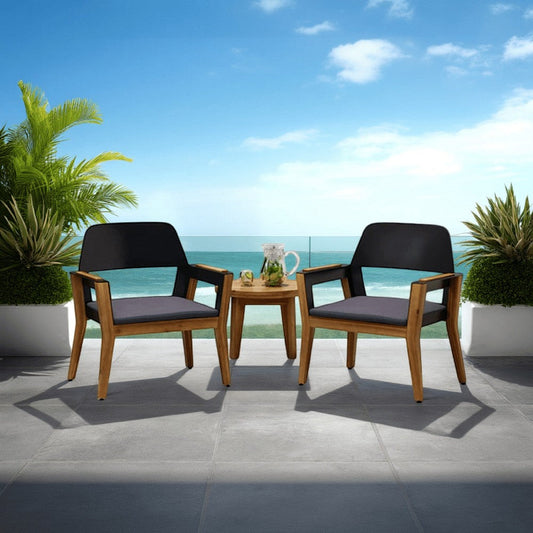Soyan Outdoor Club Chair Set of 2, Teak Brown Acacia Wood, Blue Fabric