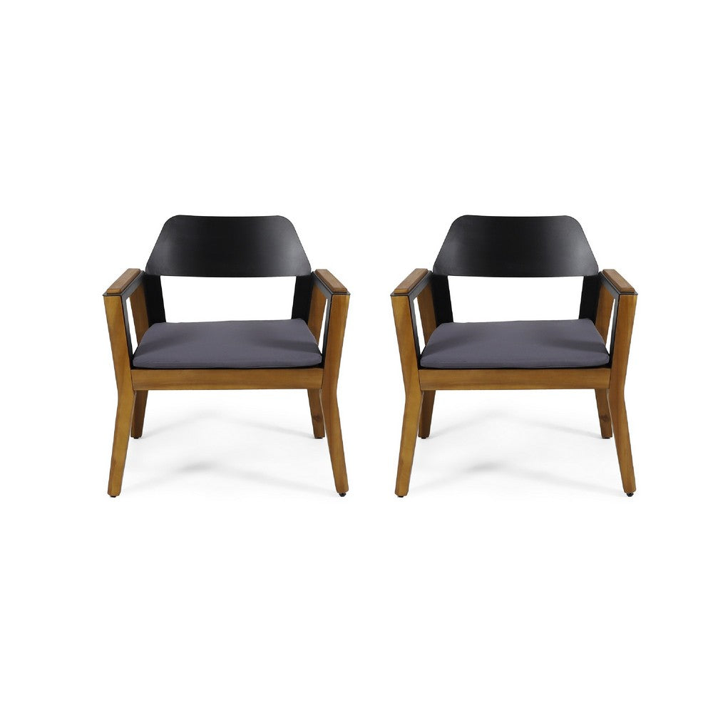 Soyan Outdoor Club Chair Set of 2, Teak Brown Acacia Wood, Blue Fabric