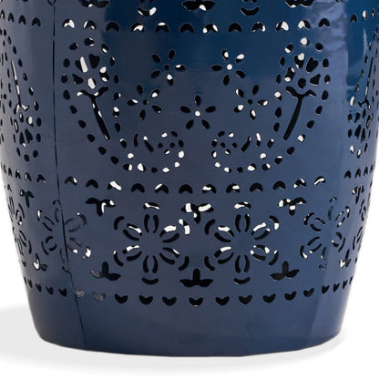 Glena Side End Table, Barrel Shape Lace Cut Design, Blue Iron 12 Inch