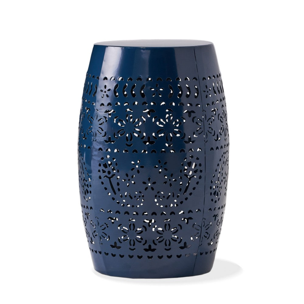 Glena Side End Table, Barrel Shape Lace Cut Design, Blue Iron 12 Inch