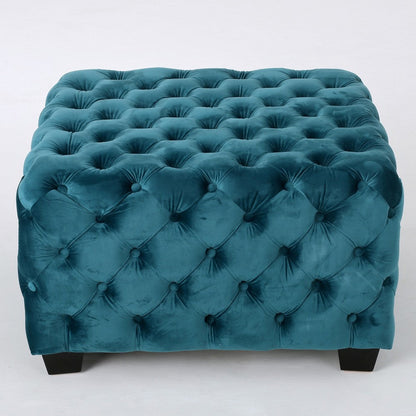 Laie Ottoman, Diamond Stitch Button Tufted Teal Blue Velvet 29 Inch