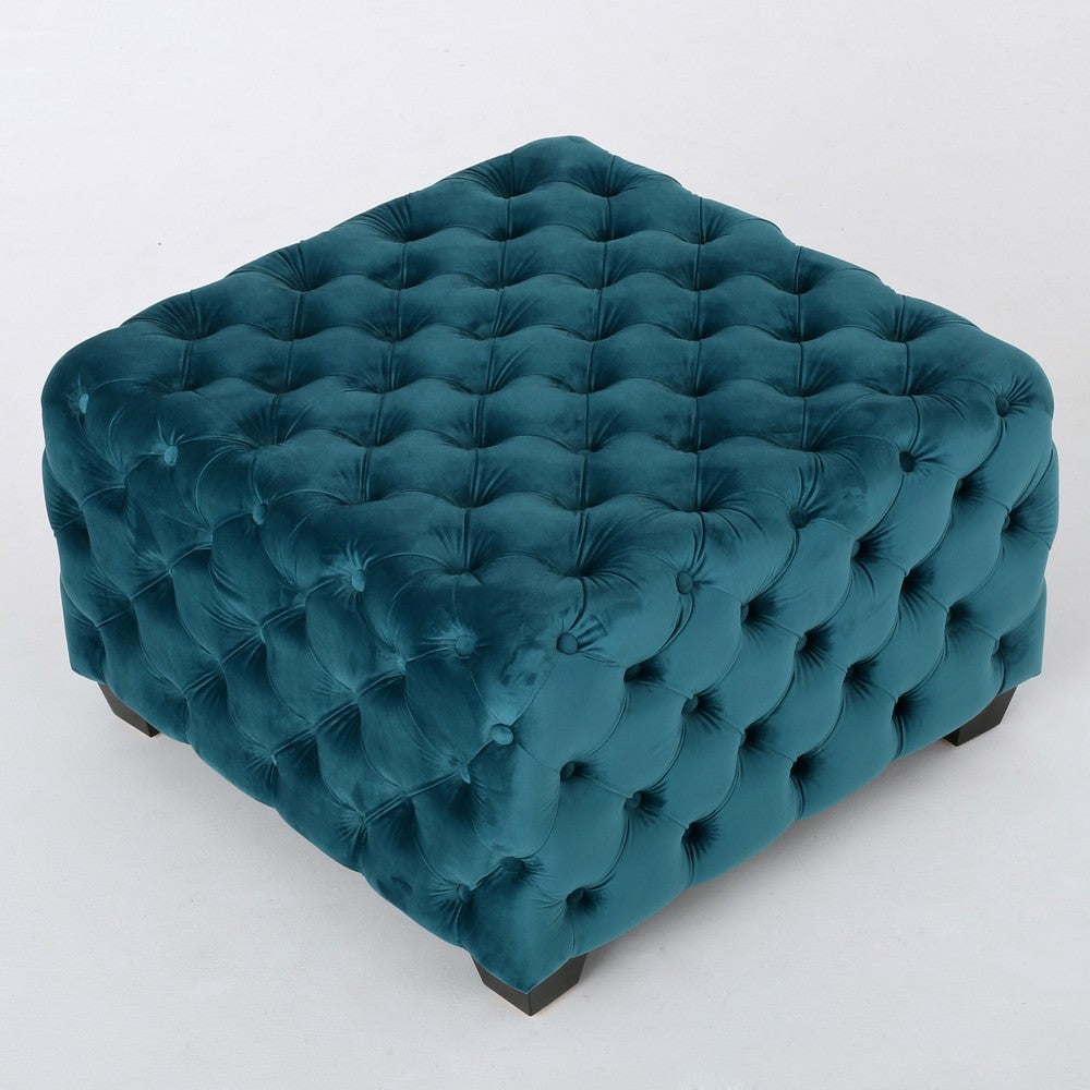 Laie Ottoman, Diamond Stitch Button Tufted Teal Blue Velvet 29 Inch