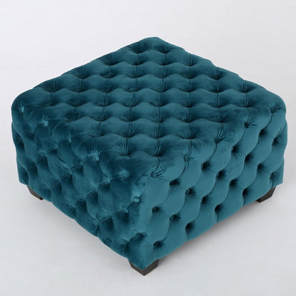Laie Ottoman, Diamond Stitch Button Tufted Teal Blue Velvet 29 Inch