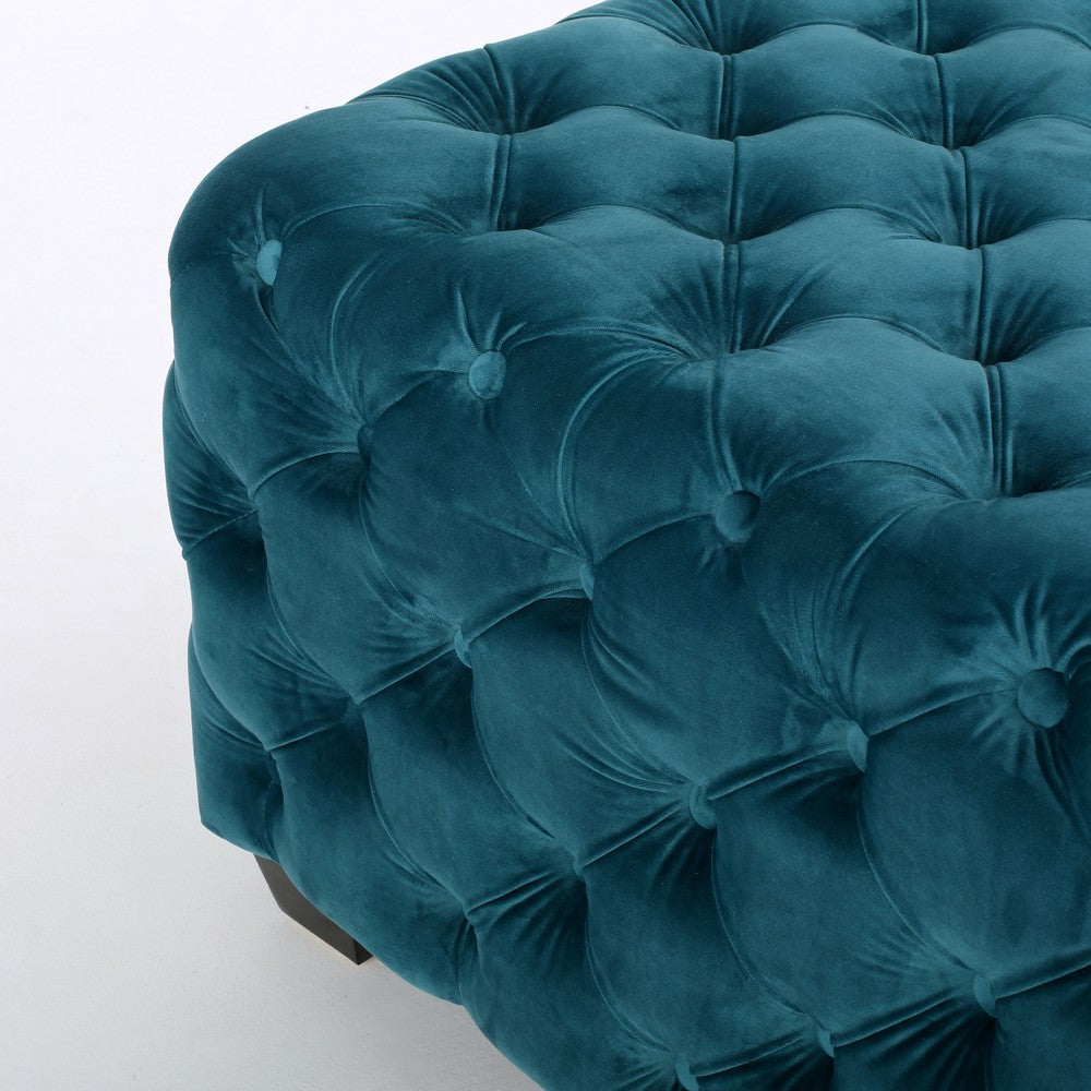 Laie Ottoman, Diamond Stitch Button Tufted Teal Blue Velvet 29 Inch