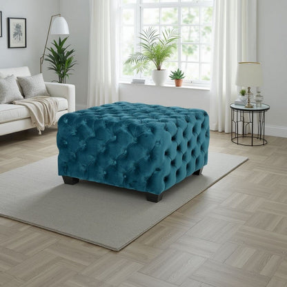Laie Ottoman, Diamond Stitch Button Tufted Teal Blue Velvet 29 Inch
