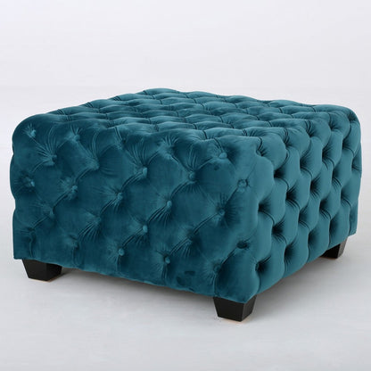 Laie Ottoman, Diamond Stitch Button Tufted Teal Blue Velvet 29 Inch