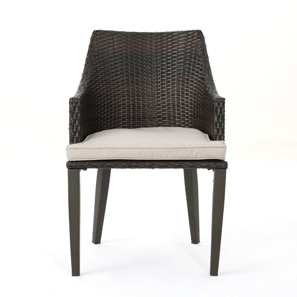 Ellish Outdoor Chair Set of 2, Metal Legs, Brown Rattan, Beige Fabric