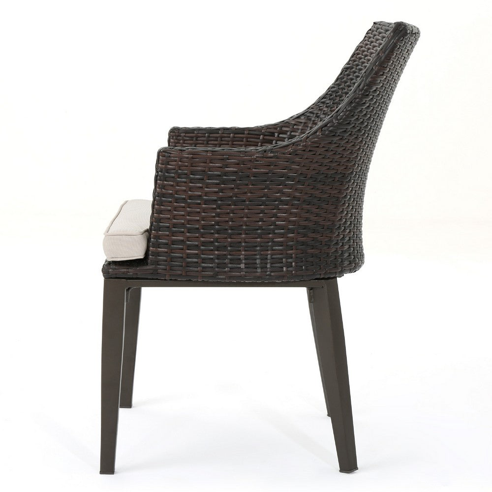 Ellish Outdoor Chair Set of 2, Metal Legs, Brown Rattan, Beige Fabric