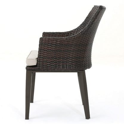 Ellish Outdoor Chair Set of 2, Metal Legs, Brown Rattan, Beige Fabric