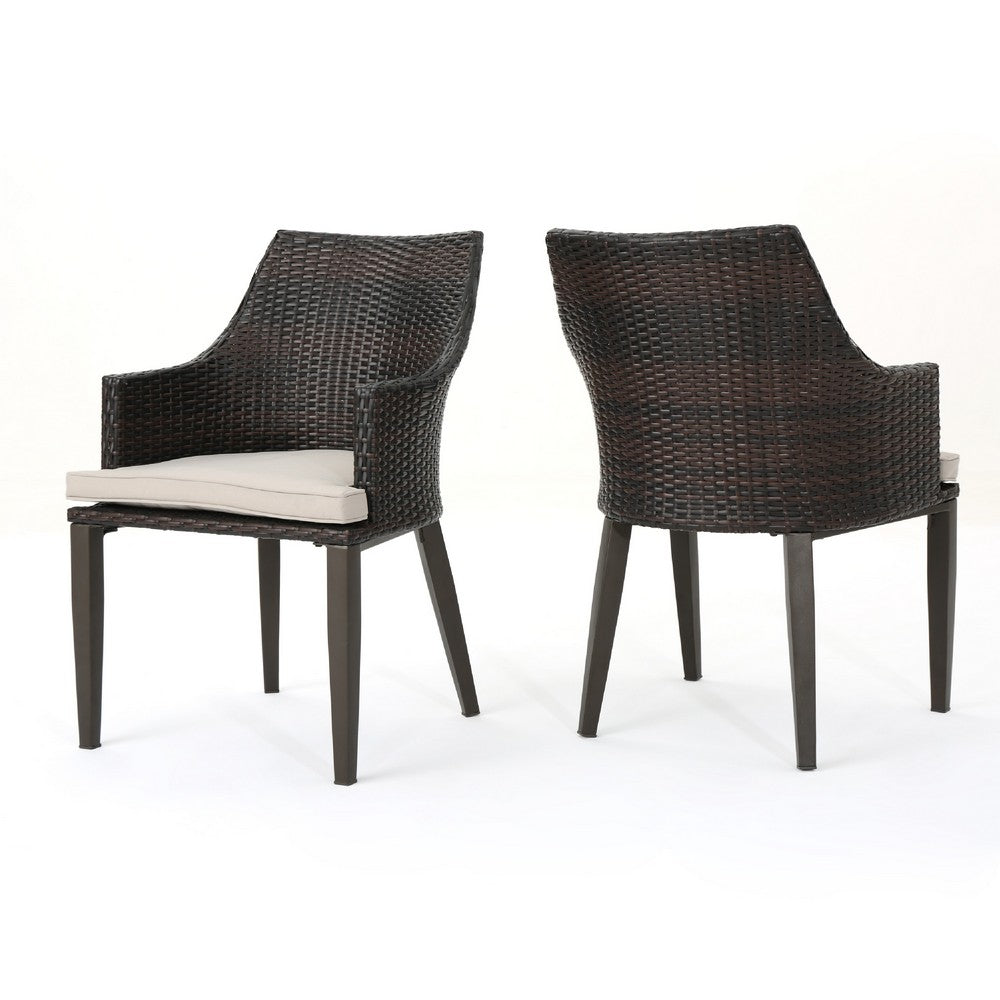 Ellish Outdoor Chair Set of 2, Metal Legs, Brown Rattan, Beige Fabric