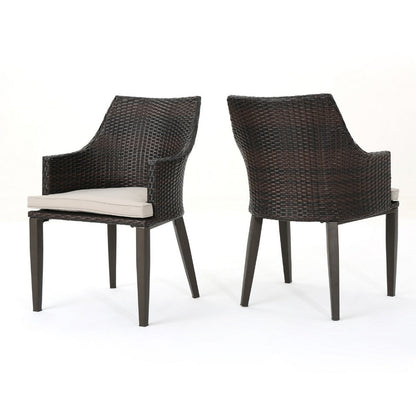 Ellish Outdoor Chair Set of 2, Metal Legs, Brown Rattan, Beige Fabric