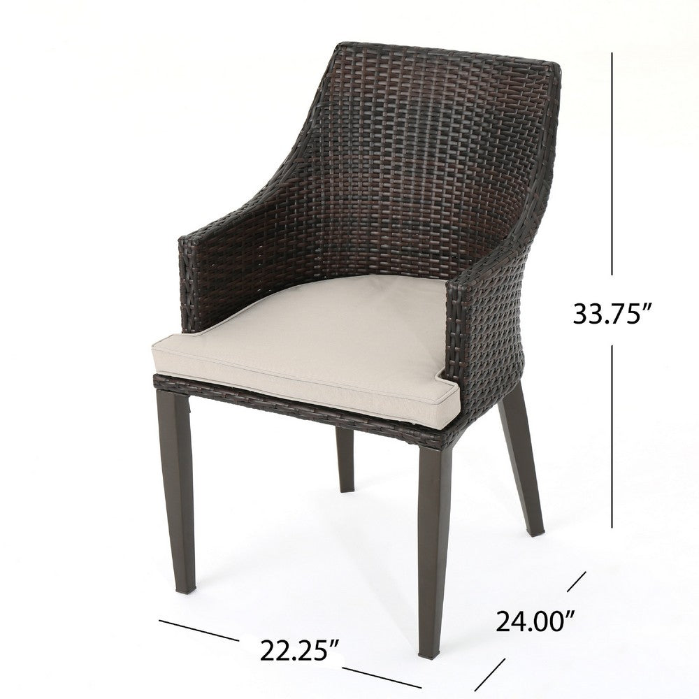 Ellish Outdoor Chair Set of 2, Metal Legs, Brown Rattan, Beige Fabric