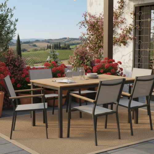 Ankia 5pc Outdoor Dining Table and Chairs Set, Gray, Natural Teak Brown