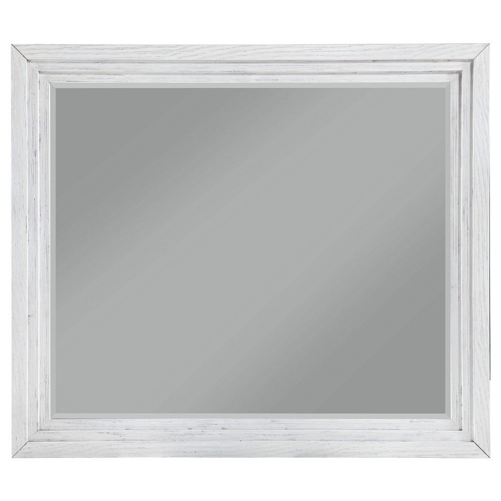 Leva Dresser Mirror, Distressed White Wood, Beveled Glass, 38 Inch
