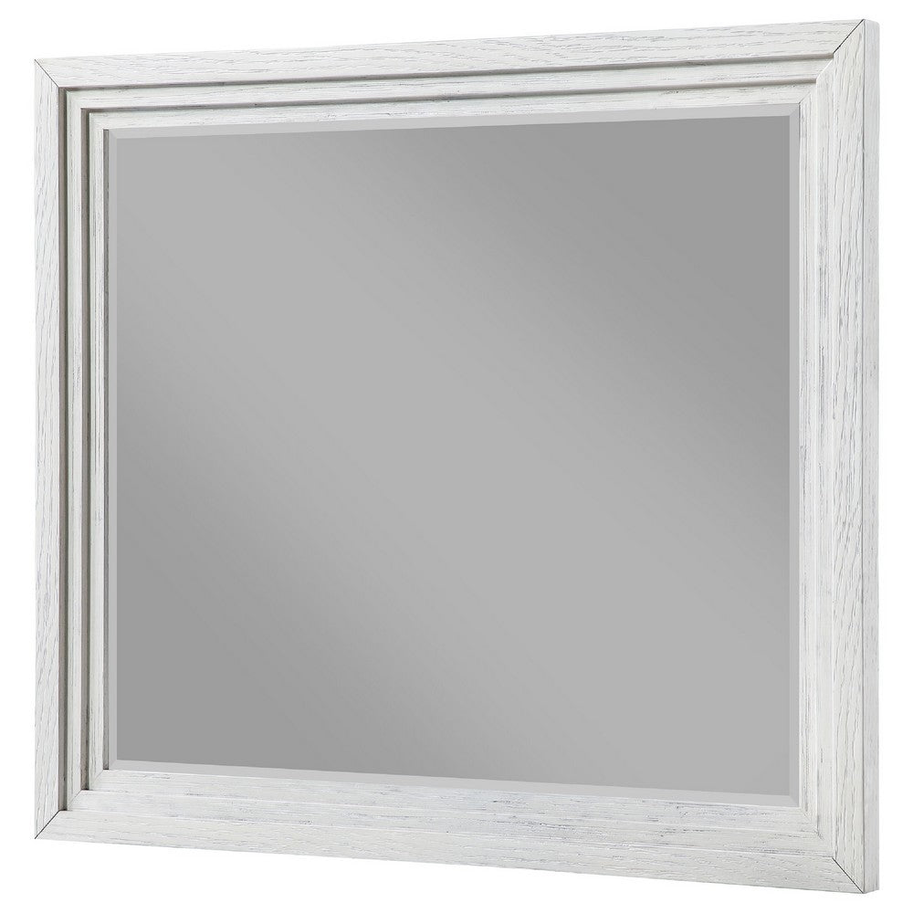 Leva Dresser Mirror, Distressed White Wood, Beveled Glass, 38 Inch