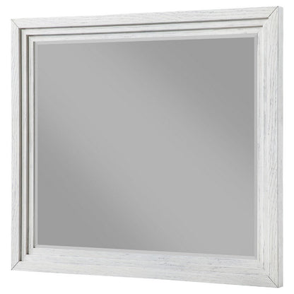Leva Dresser Mirror, Distressed White Wood, Beveled Glass, 38 Inch