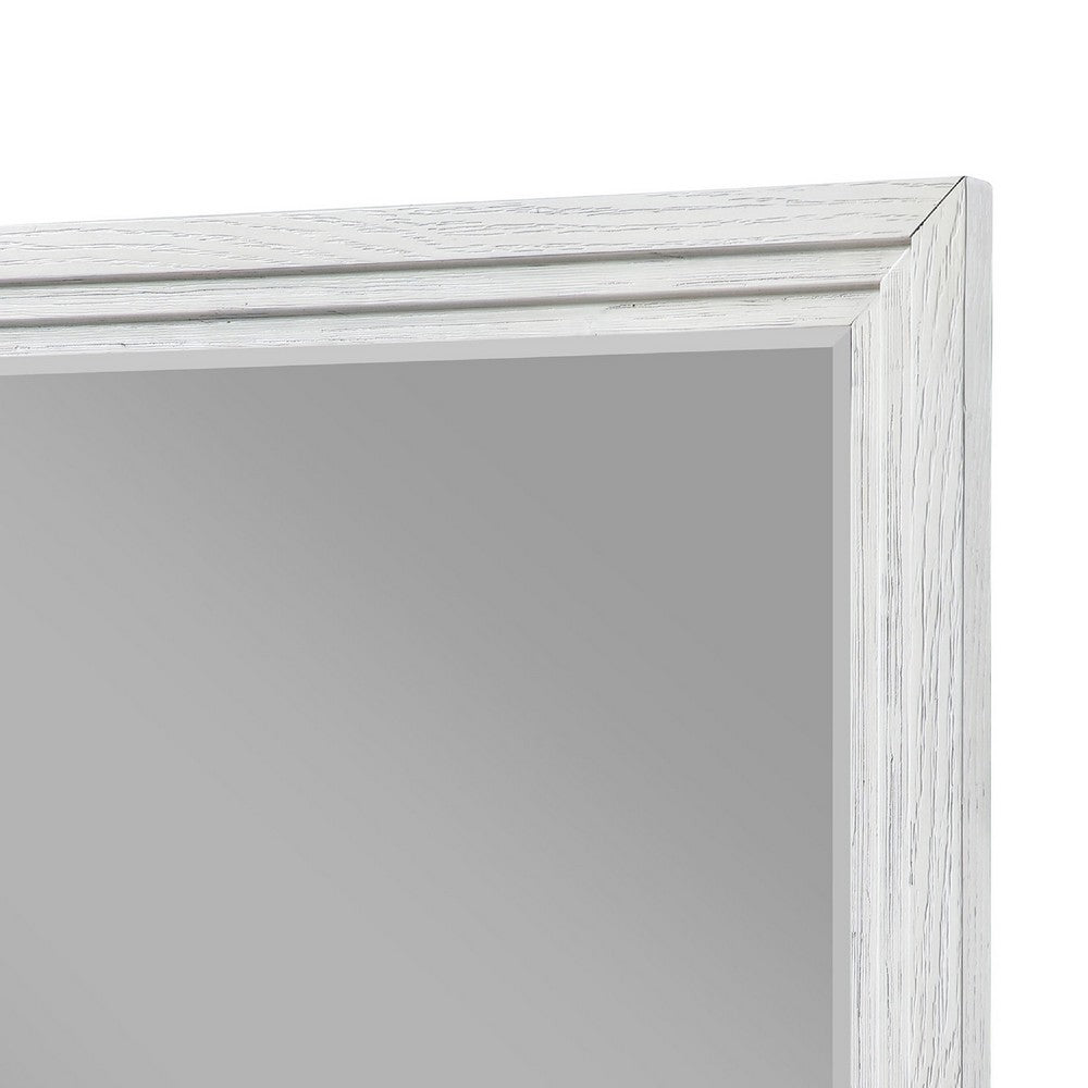 Leva Dresser Mirror, Distressed White Wood, Beveled Glass, 38 Inch