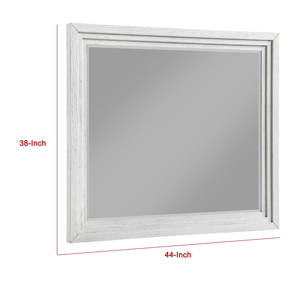 Leva Dresser Mirror, Distressed White Wood, Beveled Glass, 38 Inch