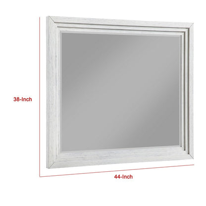 Leva Dresser Mirror, Distressed White Wood, Beveled Glass, 38 Inch