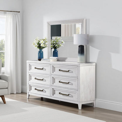 Leva Dresser Mirror, Distressed White Wood, Beveled Glass, 38 Inch