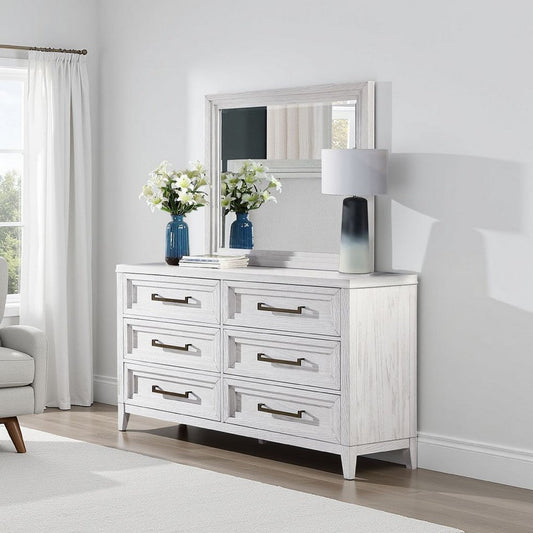 Leva Dresser Mirror, Distressed White Wood, Beveled Glass, 38 Inch