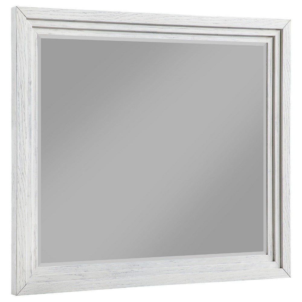 Leva Dresser Mirror, Distressed White Wood, Beveled Glass, 38 Inch
