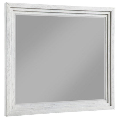 Leva Dresser Mirror, Distressed White Wood, Beveled Glass, 38 Inch