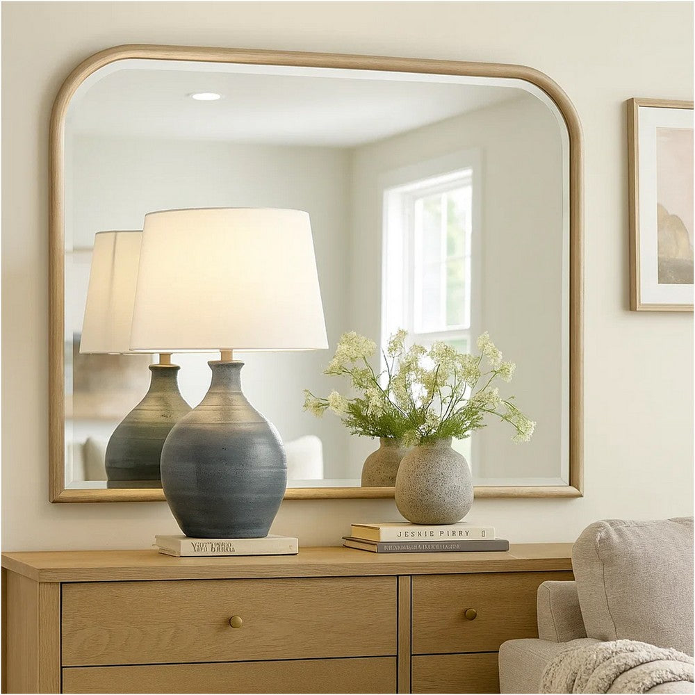Lno Dresser Mirror, Beige Oak Wood Frame, Rectangular 36 Inch