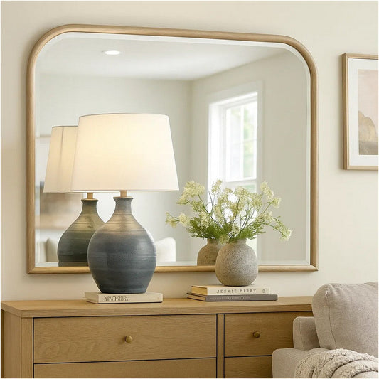 Lno Dresser Mirror, Beige Oak Wood Frame, Rectangular 36 Inch