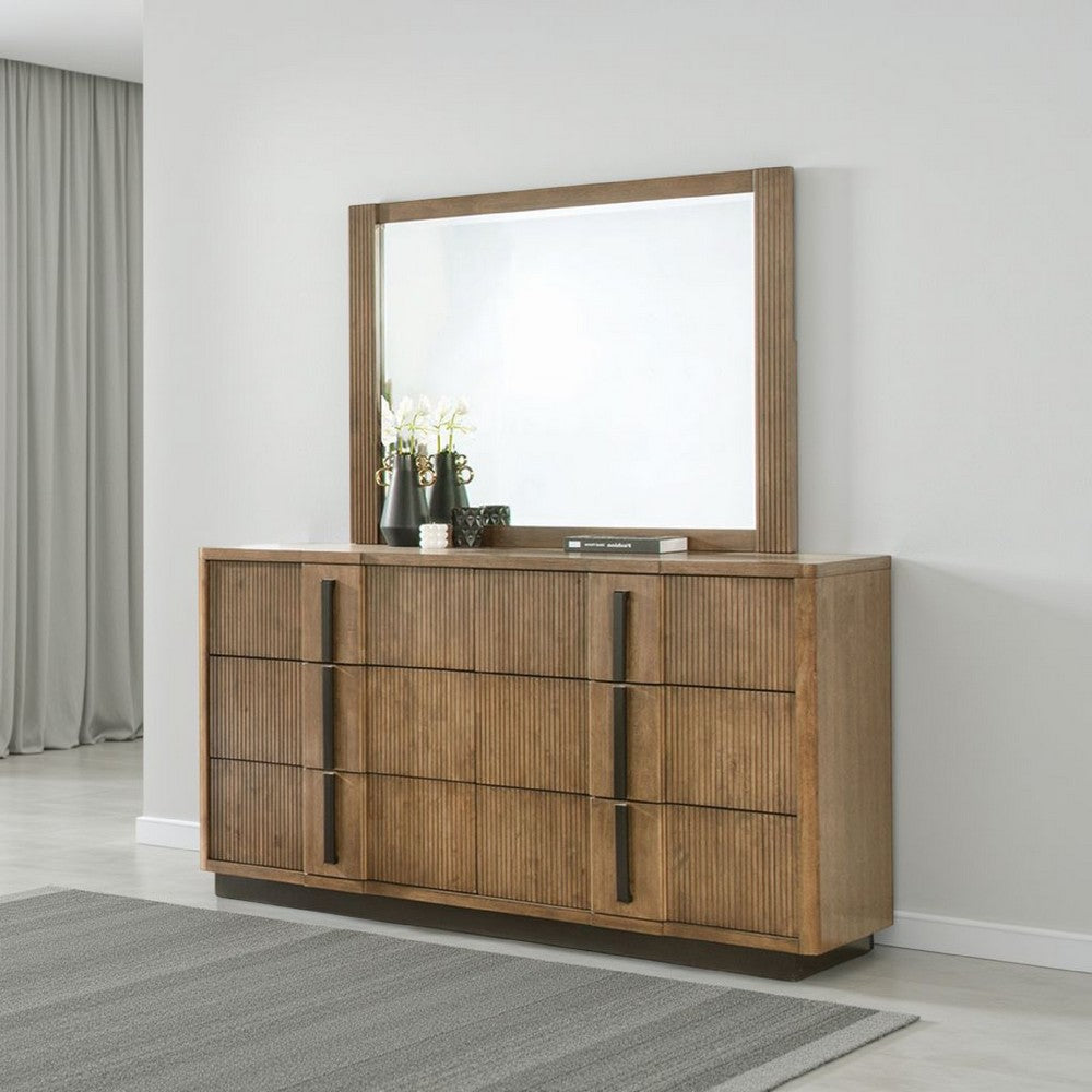 Reon Dresser Mirror, Ash Brown Wood Frame, Vertical Fluting, 38 Inch