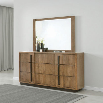 Reon Dresser Mirror, Ash Brown Wood Frame, Vertical Fluting, 38 Inch