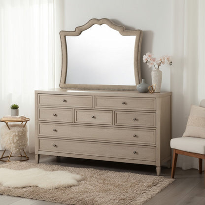 Lino Dresser Mirror, Curved Frame, Nailhead Trim, Cream Velvet 43 Inch