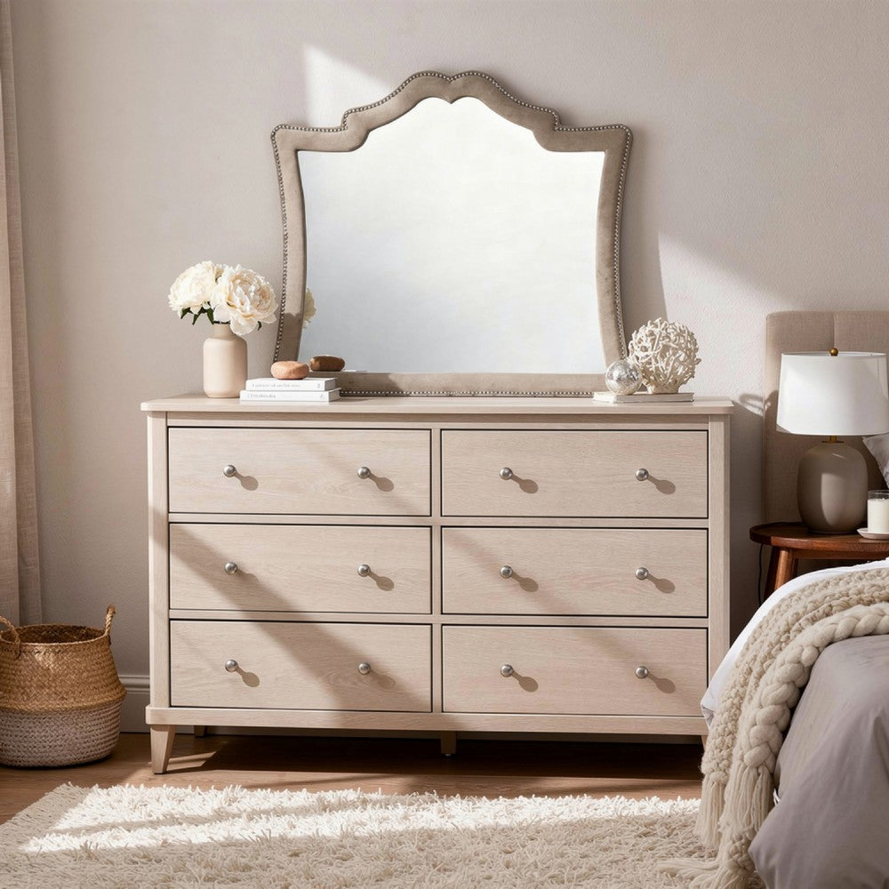 Lino Dresser Mirror, Curved Frame, Nailhead Trim, Cream Velvet 43 Inch