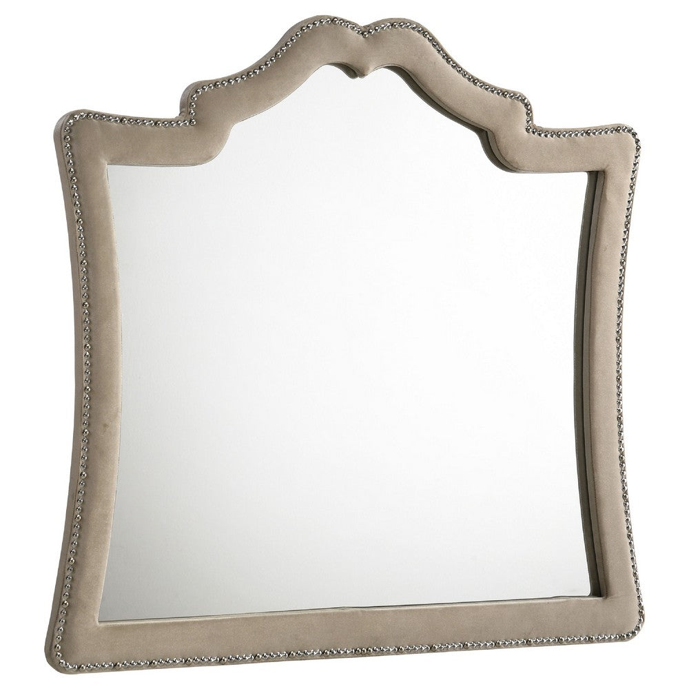 Lino Dresser Mirror, Curved Frame, Nailhead Trim, Cream Velvet 43 Inch