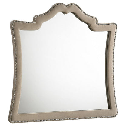 Lino Dresser Mirror, Curved Frame, Nailhead Trim, Cream Velvet 43 Inch