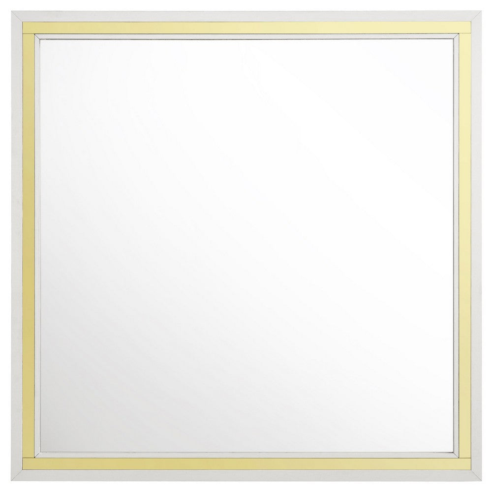 Jenny Square Dresser Mirror, Polished Golden Trim, White Wood-Melamine