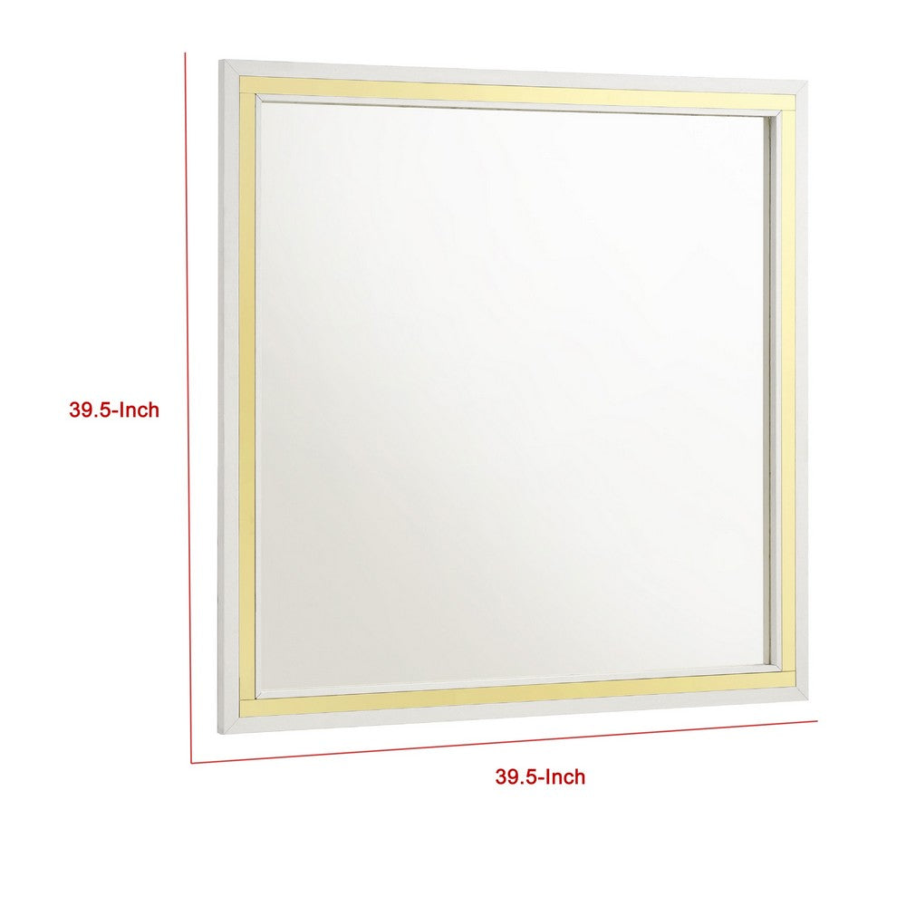 Jenny Square Dresser Mirror, Polished Golden Trim, White Wood-Melamine