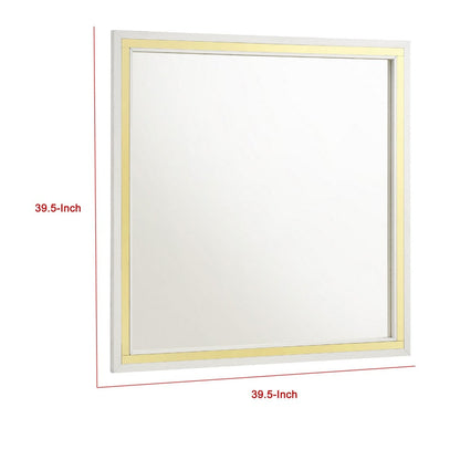 Jenny Square Dresser Mirror, Polished Golden Trim, White Wood-Melamine