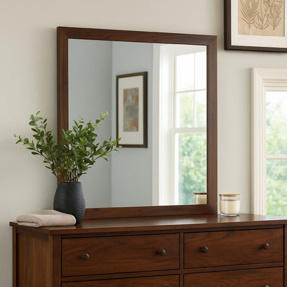 Yels Dresser Mirror, Squared Corners, Flat Glass Design, Brown Wood