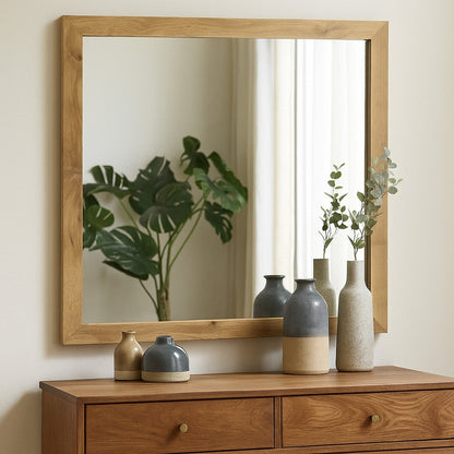 Wemy Rectangular Dresser Mirror, Flat Glass Design, Natural Pine Wood